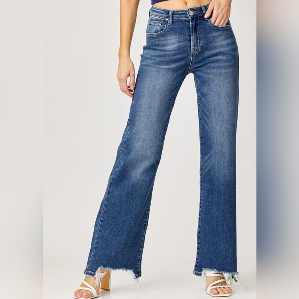 Risen, High Waist Frayed Hem, Wide Leg, Dark Wash Jeans Sz 11 Available